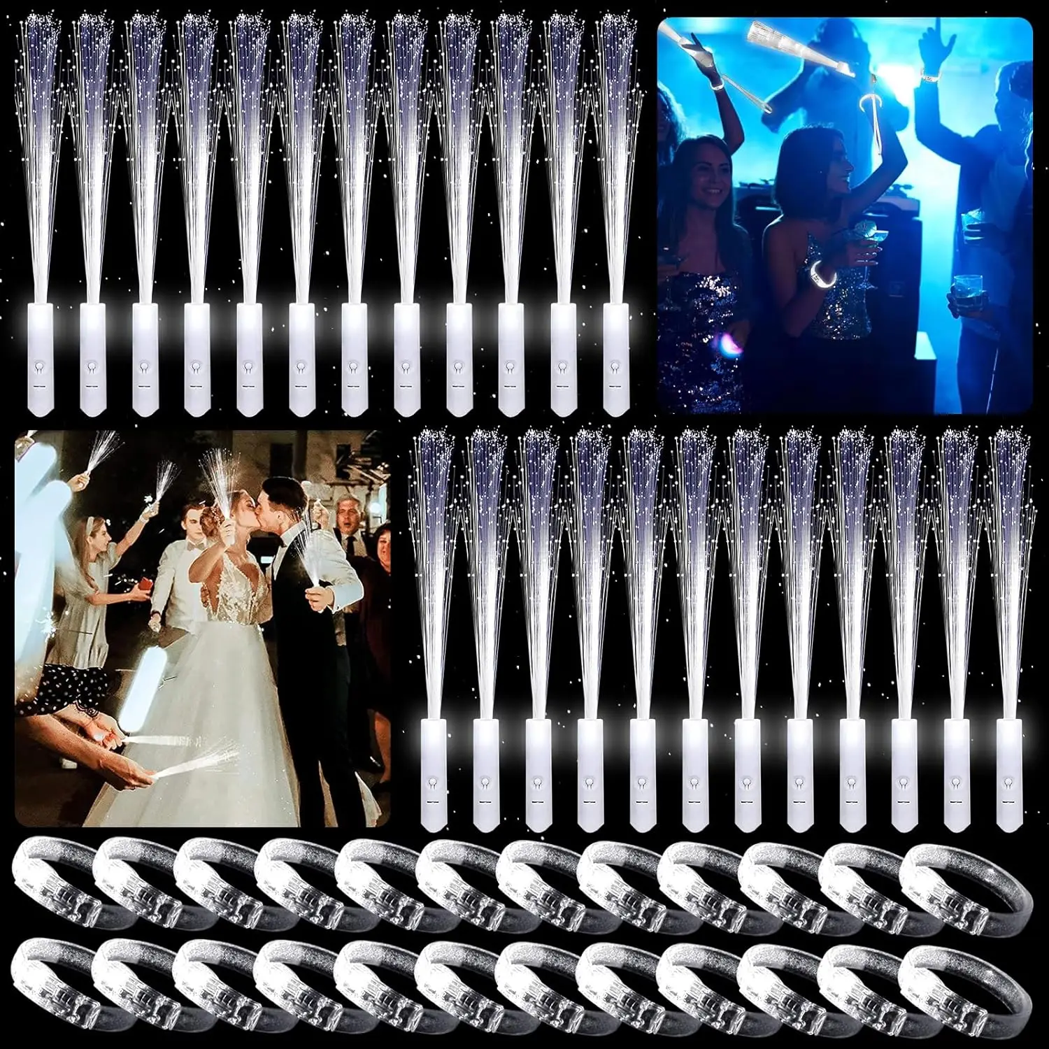 12PCS LED Light Up Bracelets and 12PCS LED Fiber Optic Stick 3 Light Modes Glow in The Dark Party Concert Supplies Wedding Gifts