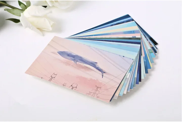 30 Pcs Blue Whale Theme Postcard Stationery Greeting Card Set Gift Blessing Card Scrapbooking Background Card Journal Decoration