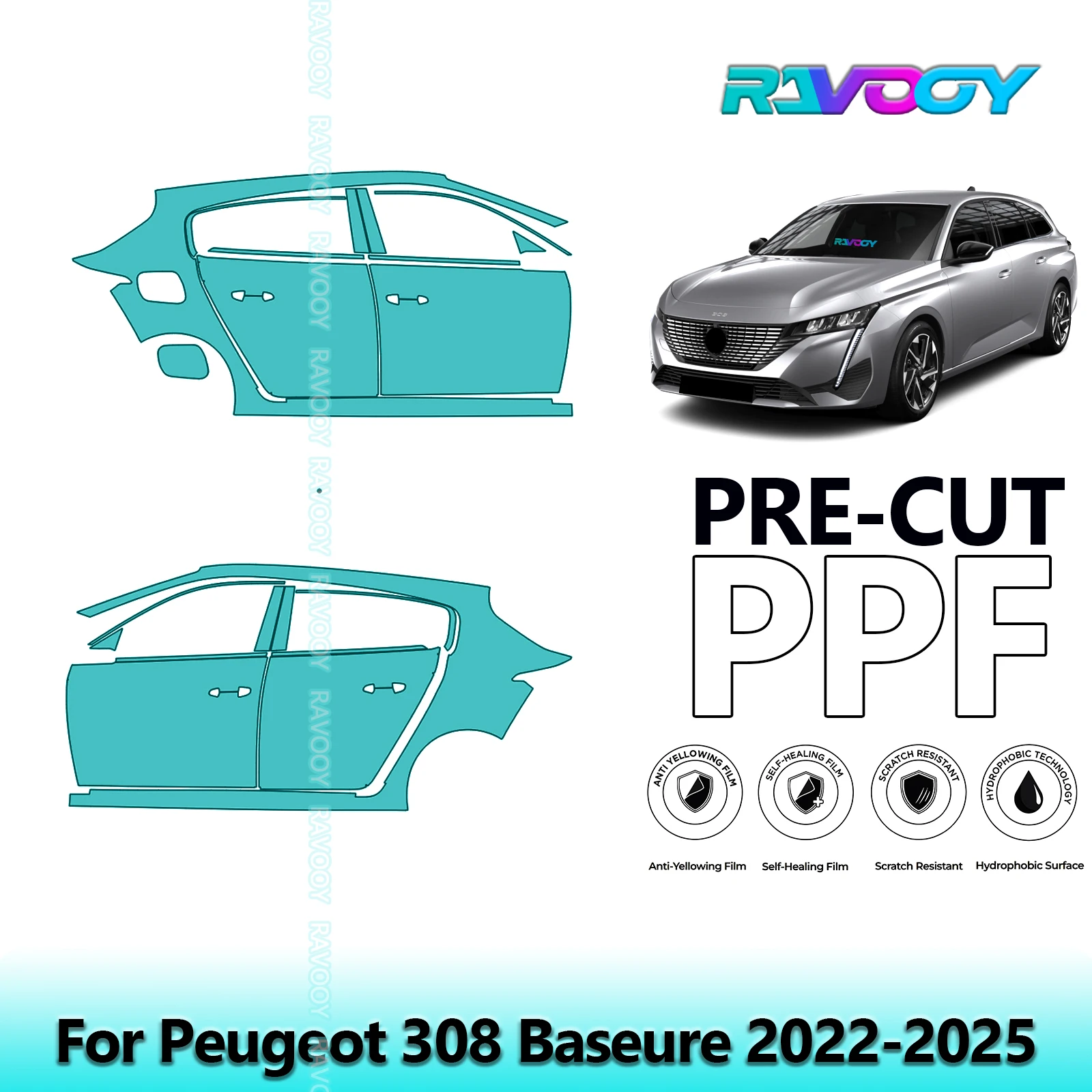 

For Peugeot 308 Baseure 2022-2025 8.5mil Clear Matte Pre-Cut PPF Door & A/B Pillar Kit TPU Paint Protection Film Set