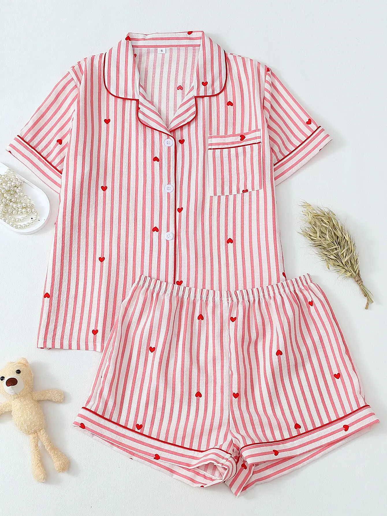 

Women Pajamas Heart Print Pajama Set Sweet & Cute Lapel Short Sleeve Top and Shorts Pajama Set Women Sleepwear & Loungewear Set