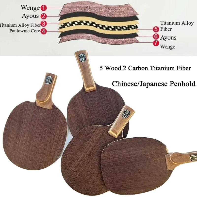Pala de Tenis de Mesa Profesional, Estilo Chino/Japonés, 5 Palos de Madera, 2 de Carbono y Fibra de Titanio, para Loop y Ataque