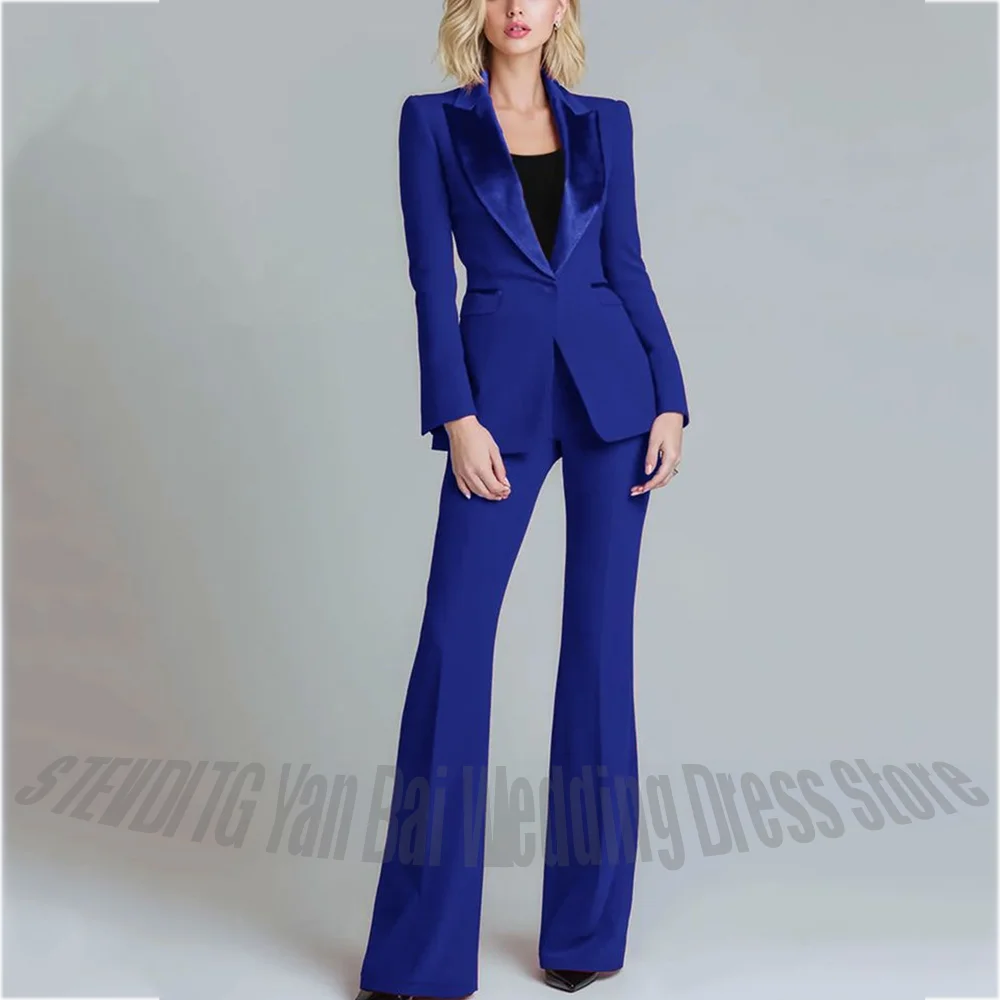

Royal Blue Women's Suit 2 Pieces Customized Solid Color Peaked Lapel Single Button Blazer Pants Smart Casual Female Outfit
