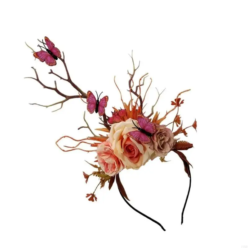 

49MF Cosplay Costume Butterfly Flower Hair Hoop Gothic Flower Hair Styling for Live Show Headband Gothic Witch
