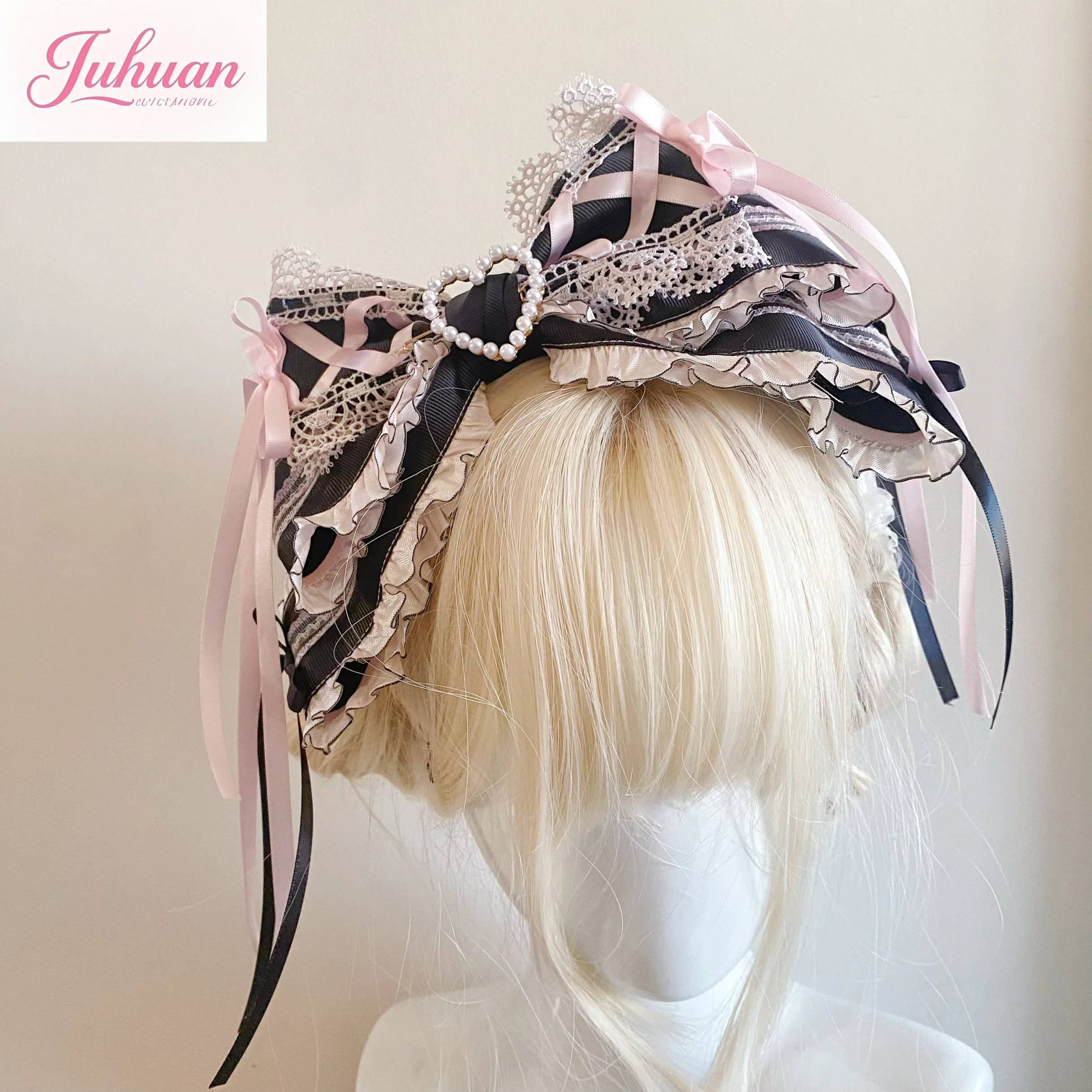 

Japanese Handmade Black Pink Bow Headband Ballet Style Kc Streamer Headgear Elegant Lolita Hair Accessories Girl