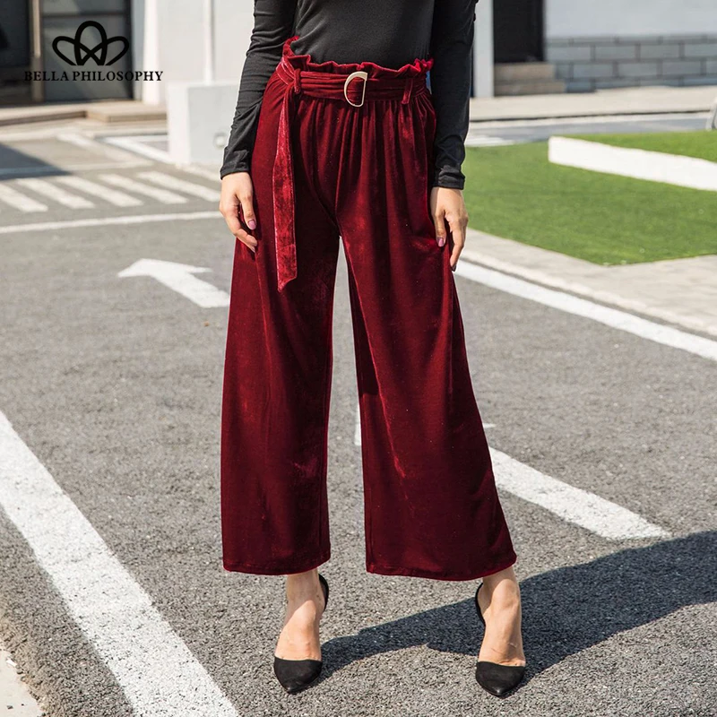 Bella Philosophy 2018 primavera terciopelo pierna ancha plisado pantalones sólidos mujeres Casual cintura alta moda Vintage largo