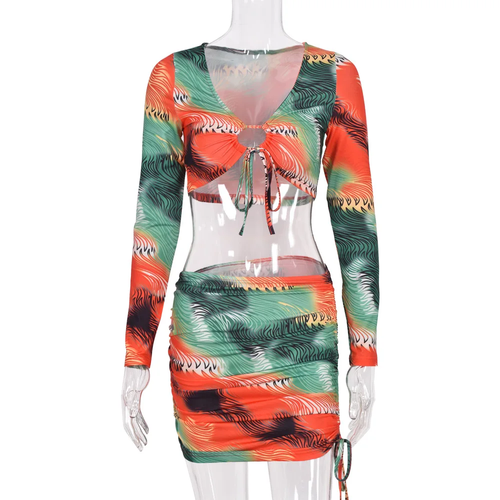 2025 Autumn New Amazon Sexy Off-the-button Printed Lace-up Skirt Set, Female Cw34839