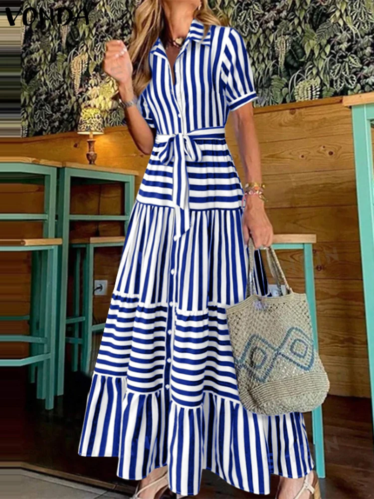 Plus Size Dress 2025 Woman Bohemian Striped Sundress Summer Ruffled Vestidos VONDA Casual Loose Lapel Neck Printing Belt Robe