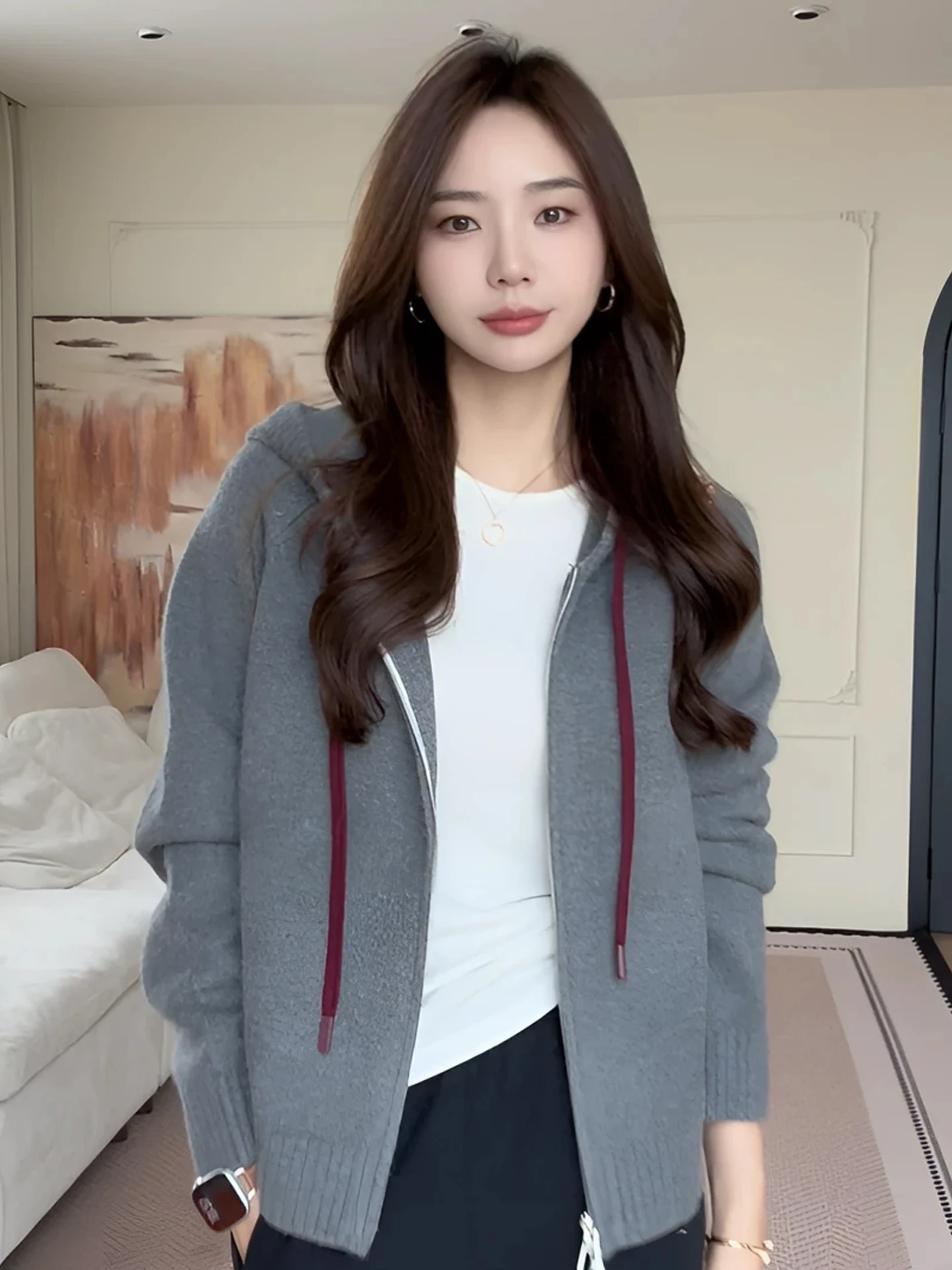 

Trendy Hooded Knitwear Casual Loose Long Sve Women's Top Double Zipper Design Comfortable Leisure Sle Autumn Faion