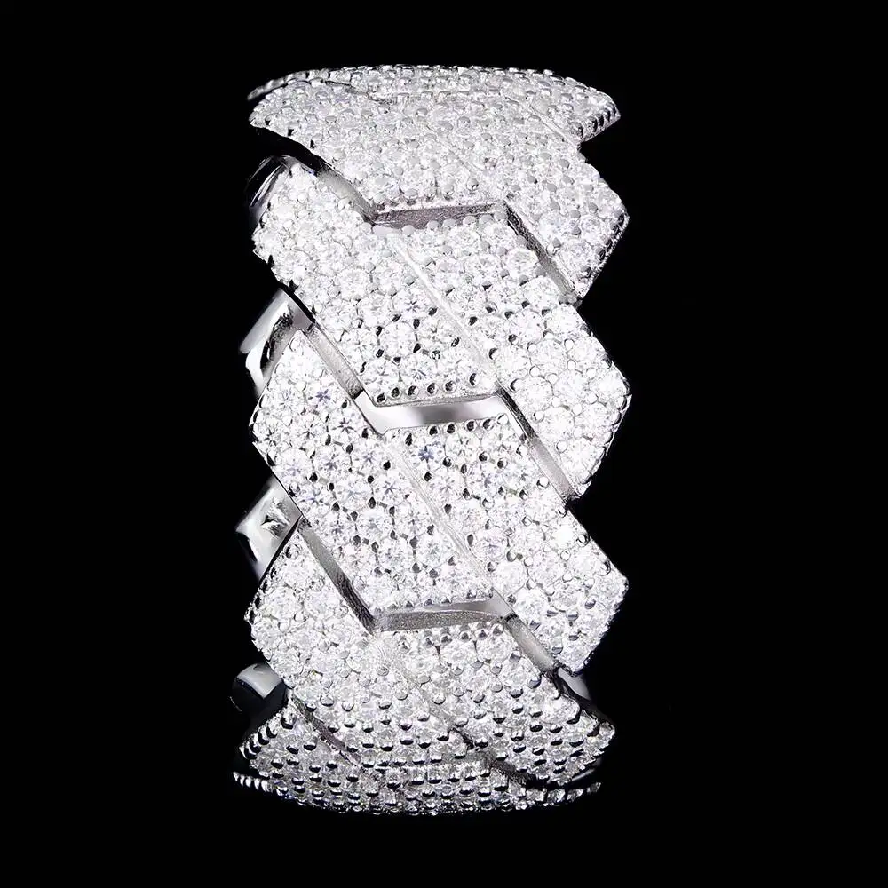 Factory Wholesale Custom Miami 925 Sterling Silver Mossanite Jewelry 3 Rows Cuban Moissanite Diamond Iced Out Hip Hop Ring Men