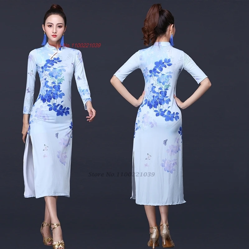 2024 ancient chinese vintage dance dress national flower print qipao cheongsam dress festival folk dress stage performance qipao