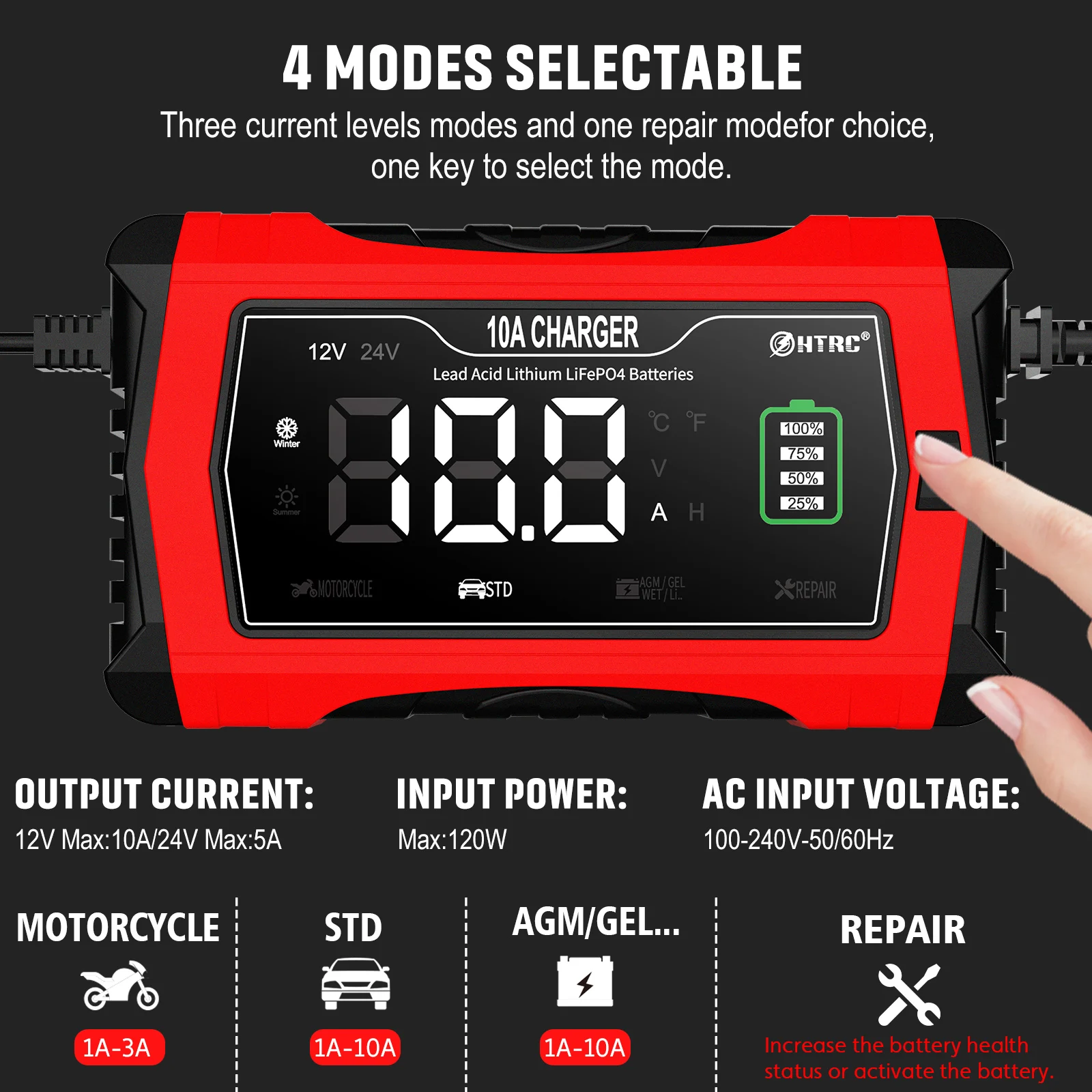 HTRC 12V 10A/24V 5A Battery Charger for Car Motorcycle Charging Lead-acid AGM Lithium Battery Smart Pulse Repair LCD Display