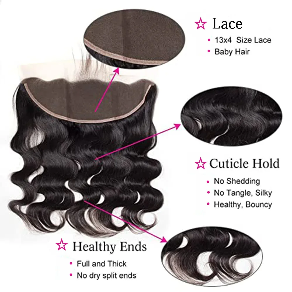 Mechones de cabello humano con cierre, cabello virgen brasileño, tejido de onda corporal, 3 mechones con encaje Frontal 13x4, extensiones negras naturales