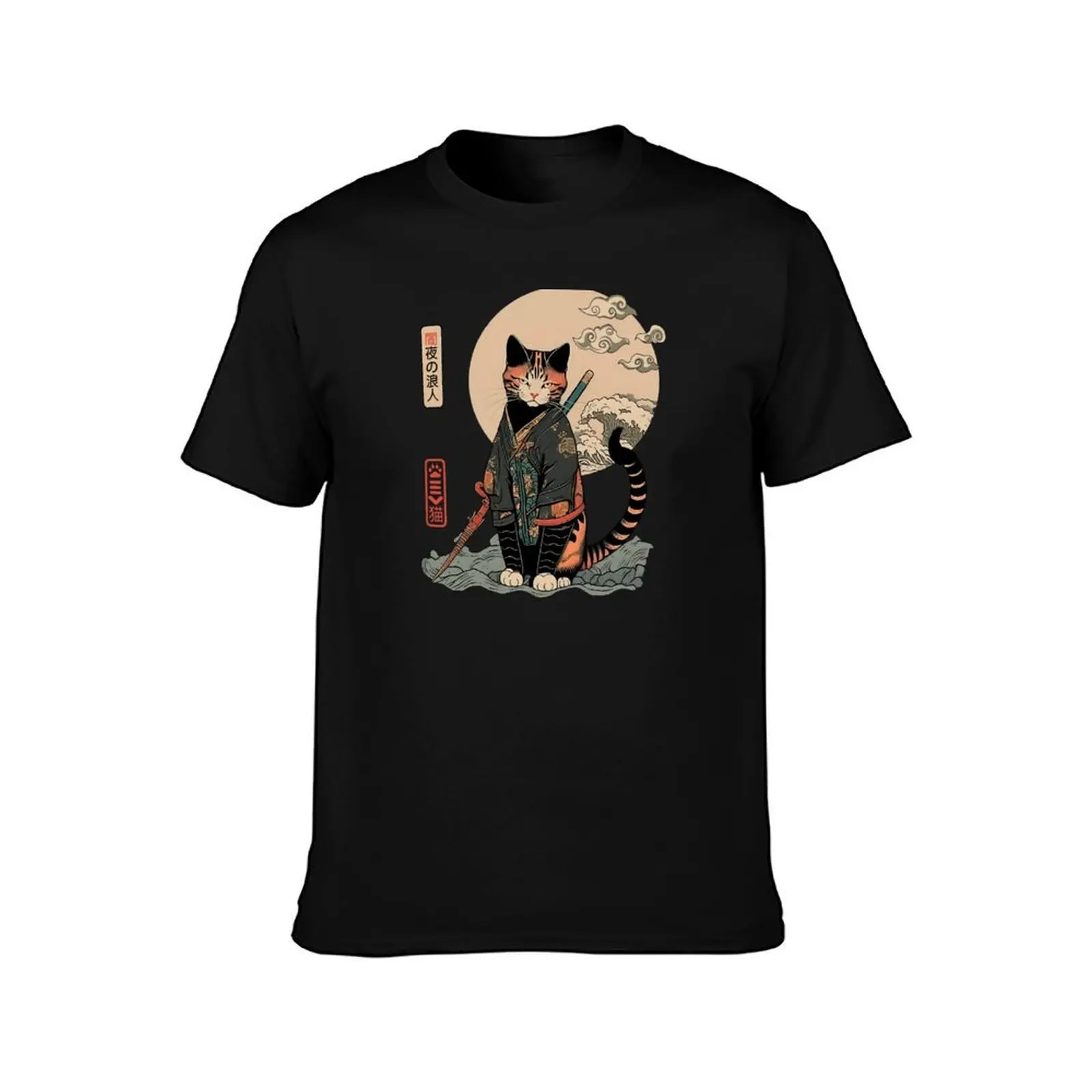 Ronin Cat 5 T-Shirt, Summer Casual Cotton Tee, Oversized Streetwear Tops, Vintage Graphic Print, Loose Fit Short Sleeve