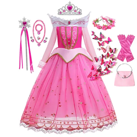 Doornroosje kostuum voor meisjes Aurora jurk lange mouwen off-shoulder kinderen Halloween Kerst Fancy Party prinses kleding