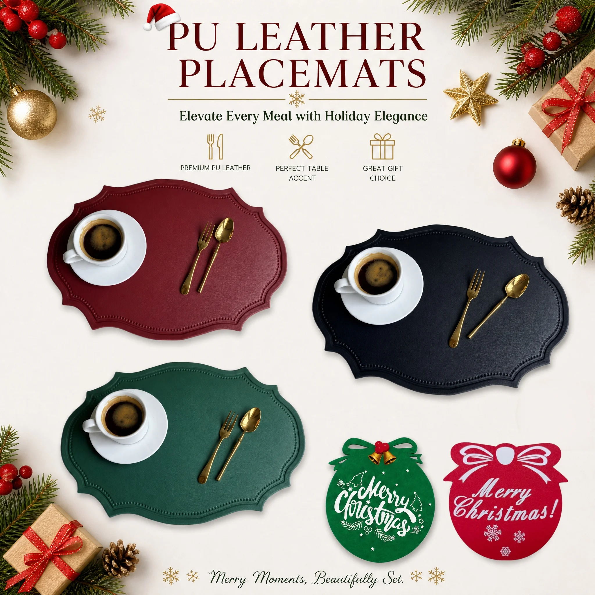 2sets retro shaped PU leather placemats, matching felt coasters or tableware sets, suitable for Christmas Day and family dinners