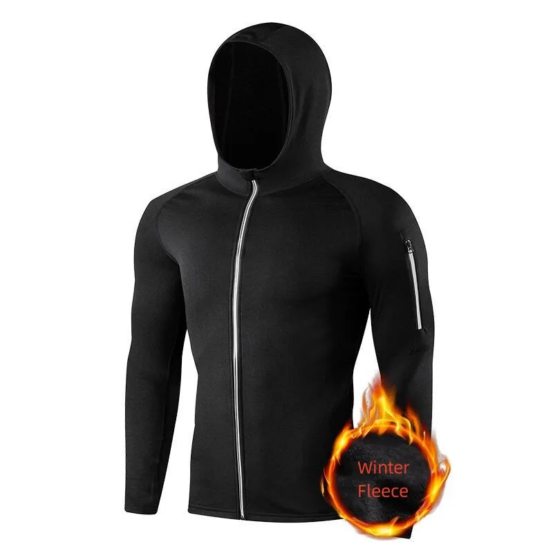 Men's Running Clothing Sports Fleece Sweatshirt Tights Training Fitness Winter Hooded Cardigan Jacket Quick Dry Coat Long Sleeve