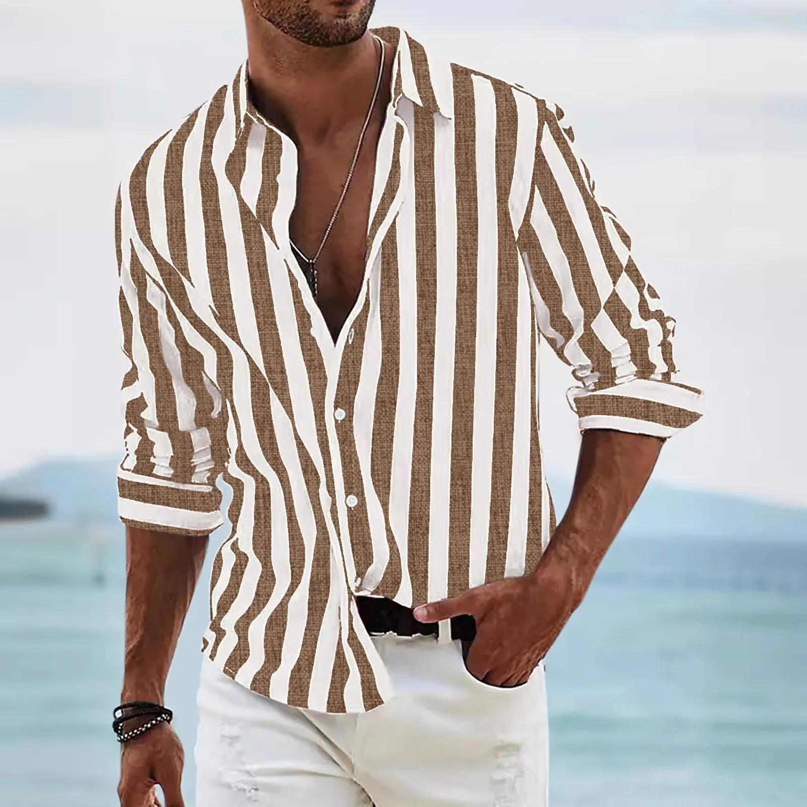 

Men's Long Sleeve Lapel Shirt Casual Striped Holiday Cardigan Shirts Tops One Romper