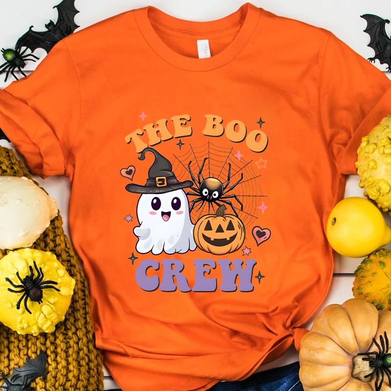 The Boo Crew T Shirts for Women Short Sleeve Tops Spooky Boo Pumpkin Tees Halloween Party Cartoon Casual Tee Female Clothes