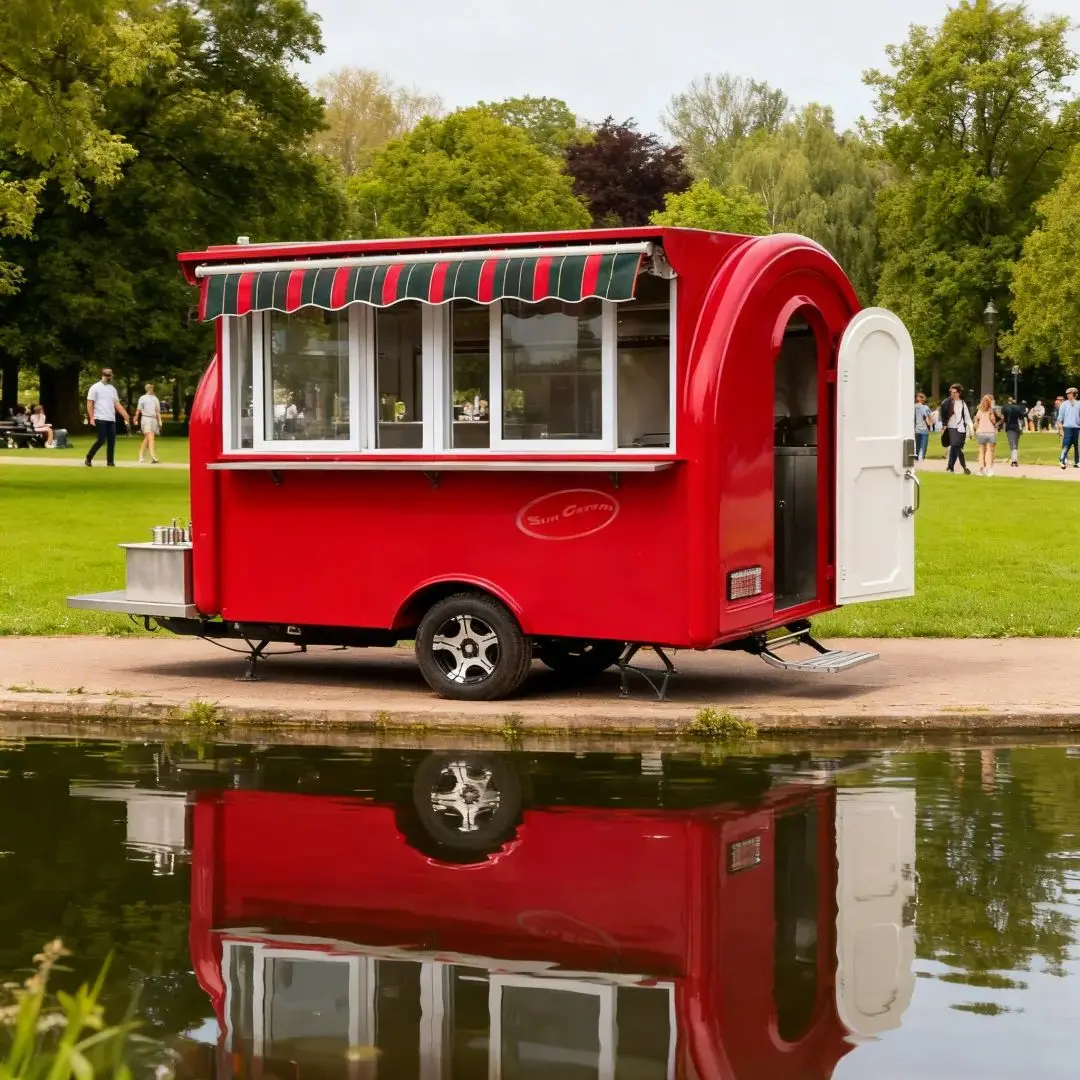 

Bright Red Outdoor Food Trailer with Glossy Paint Fashionable Design Sensation Mobile Kitchen Catering Truck