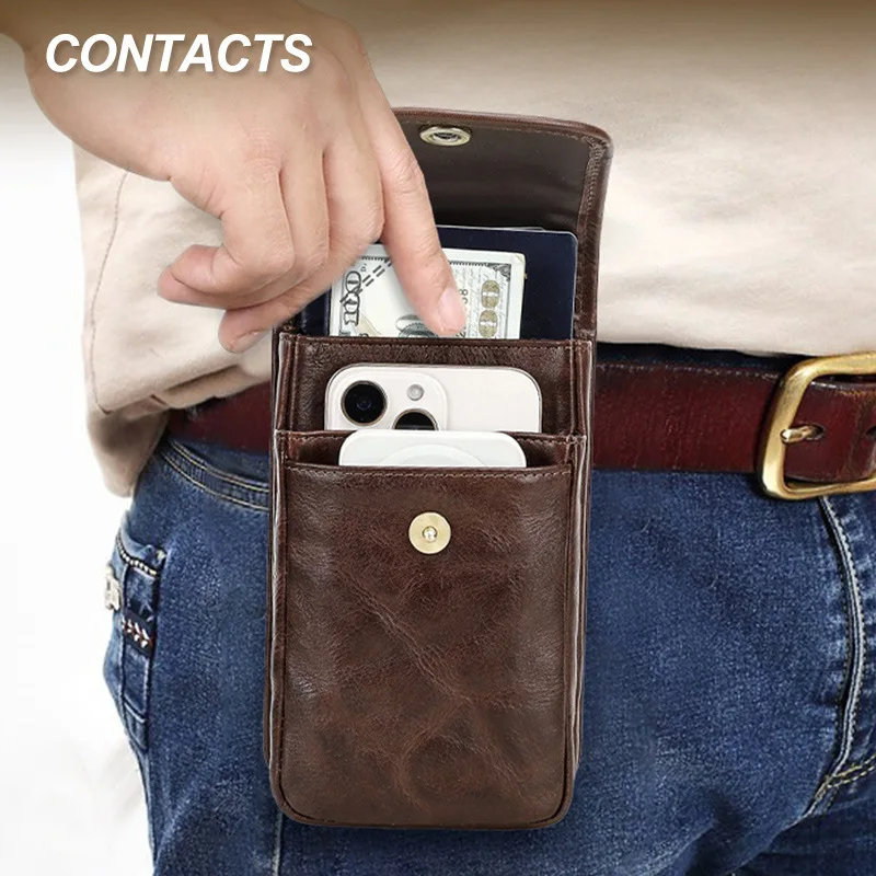 

HTS-MB326 Простая мужская спортивная поясная сумка с верхним слоем из воловьей кожи, модная кожаная поясная сумка для телефона с откидной крышкой