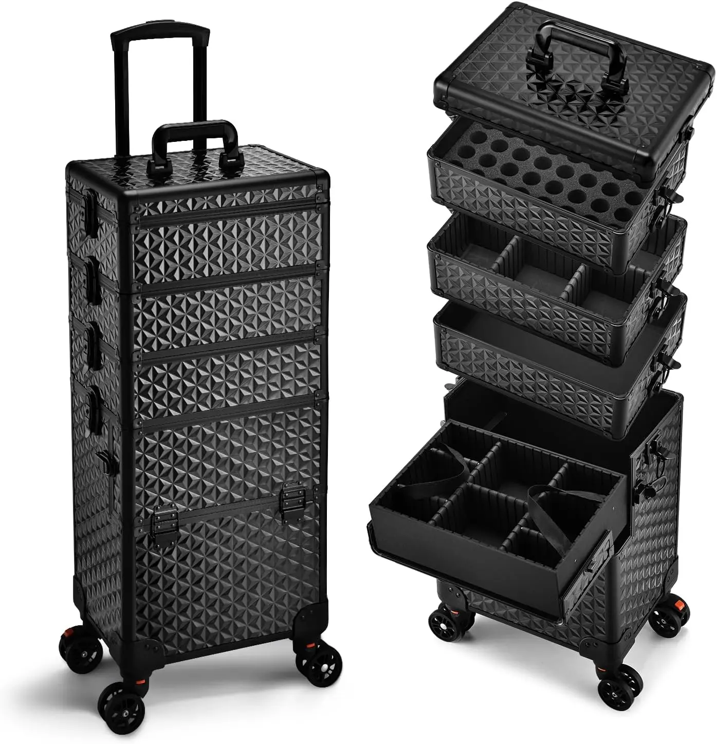 5-in-1 Make-up-Koffer auf Rädern, Rollender Kosmetikwagen mit 4 Herausnehmbaren Ablagen, Extra Großer Trolley für Reisen, Schwarz