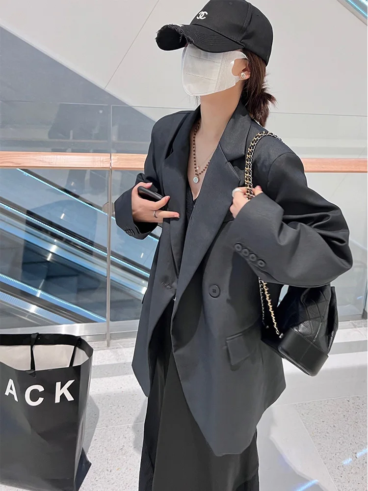 

Женский костюм большого размера с широким рукавом, тюре, швейная линия, повседневный костюм бойфренда, свободный крой, смесь полиэстера