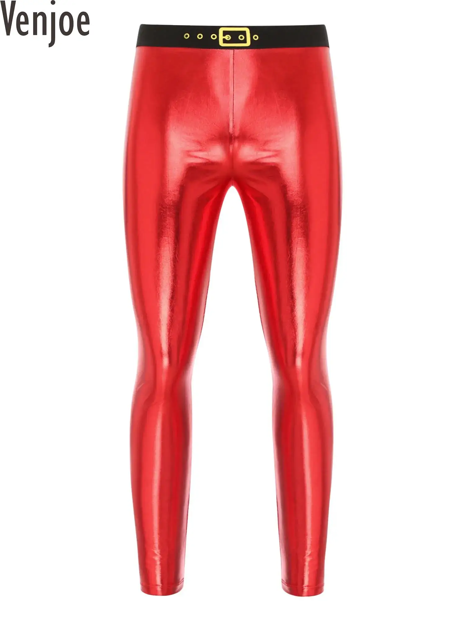 Mens Novelty Xmas Metallic Shiny Leggings Skinny Pencil Pants Santa Claus Trouser Christmas Dress-up Party Performance Costume