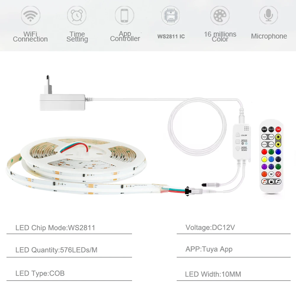 Tuya WIFI Smart RGBIC COB LED Strip WS2811 IC Addressable Flexible LED Light Tape APP Control DC12V for Alexa Google