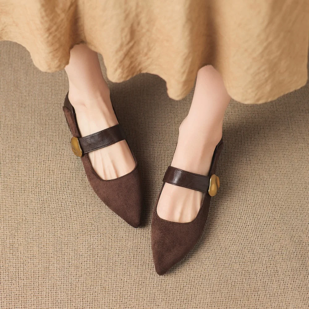Women Vintage Designer Pointed Toe Suede Leather Mary Jane Shoes Spring Ladies French Elegant Dress Pumps Single Shoes 32-43
