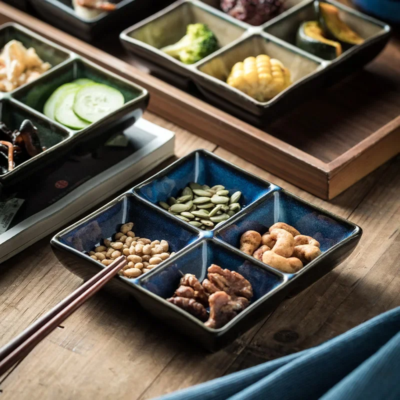 Plato de condimentos de cuatro rejillas de estilo japonés, plato cuadrado de cerámica para olla caliente, plato para traje, salsa de barbacoa