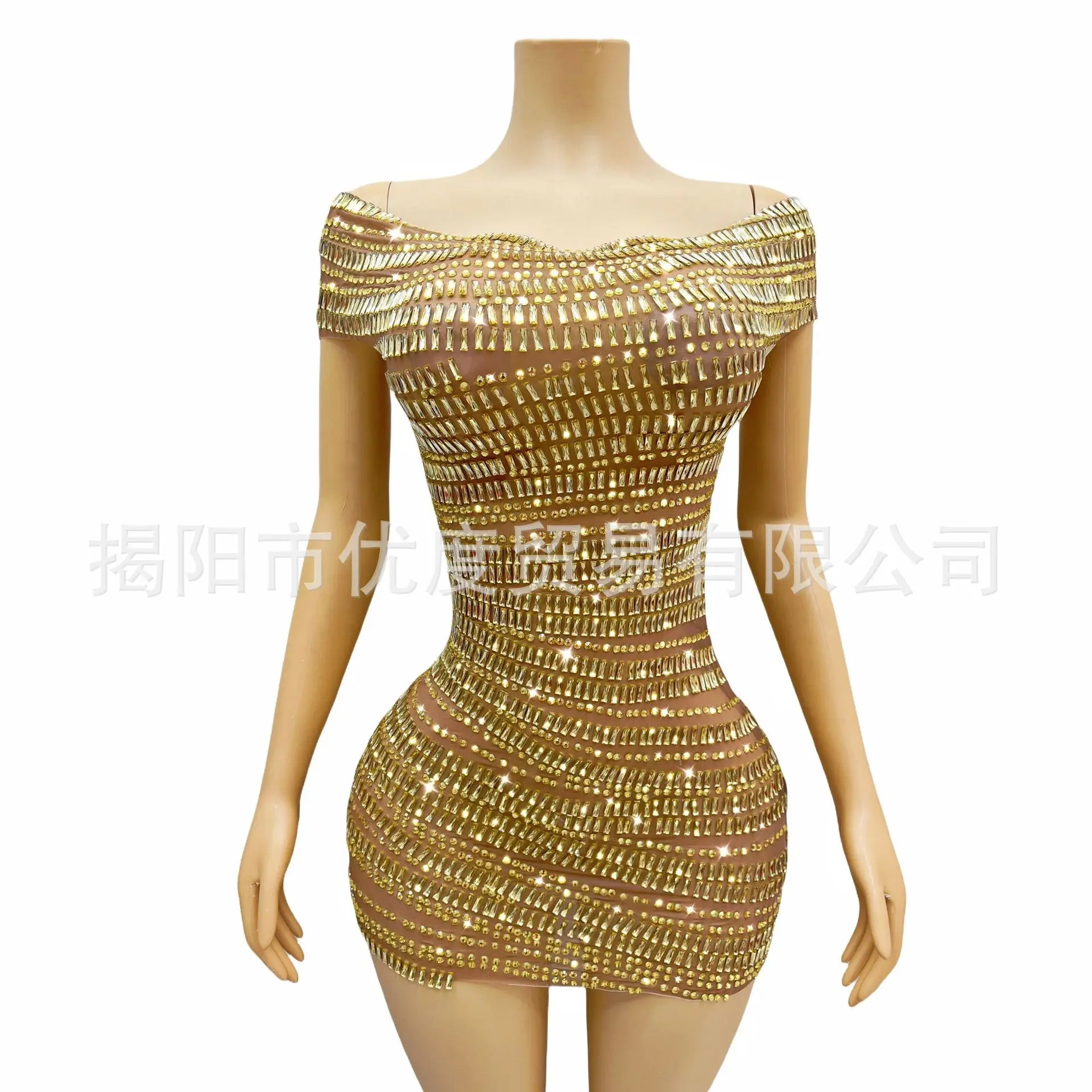 

Sexy Shoulder Rhinestone Mesh Dress Bar Gala Party Night Show Cable Gold Full Diamond Skirt Evening Dresses Woman Elegant Luxury