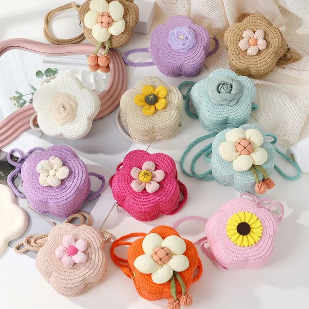 Durable Straw Straw Shoulder Bags Flower Mini Mini Coin Purse Princess Handbags Kids Girls