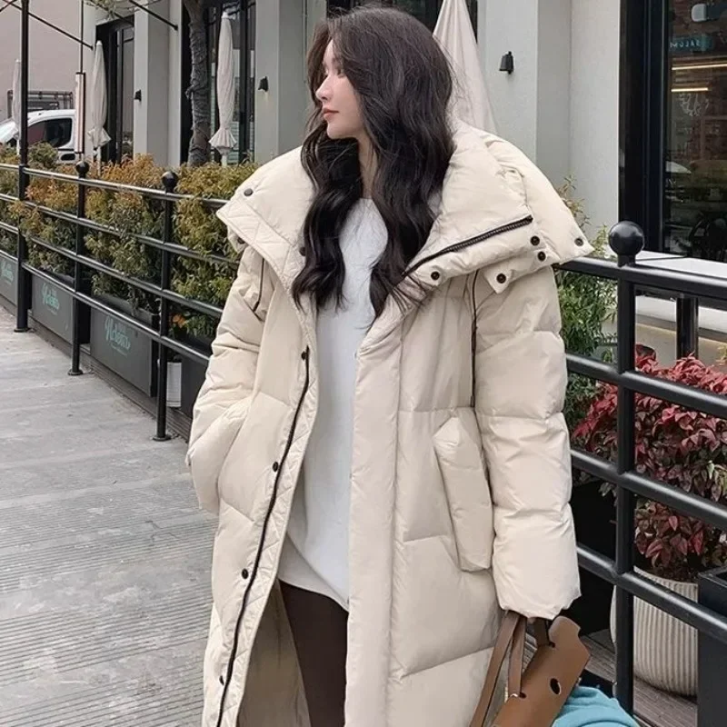 2024 New Korean Version Long Down Jacket for Women Over The Knee Big Quilt Hooded Thickened White Duck Down Winter Coat Comfort