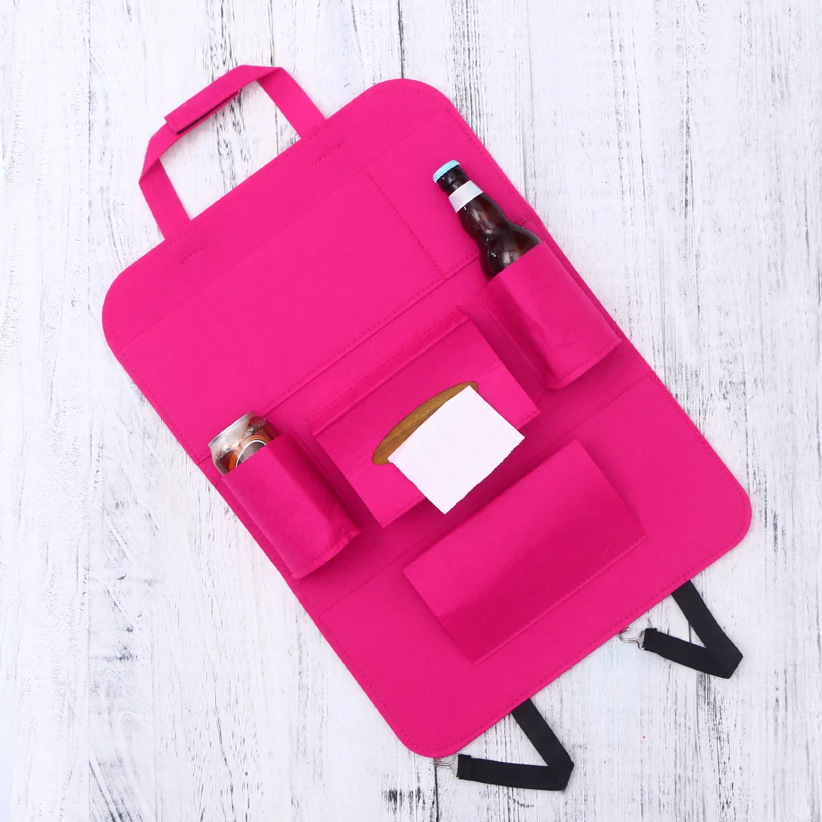 

Large Capacity Car Back Seat Organizer Bag Rose Red Felt Material Multi-Pocket Holder for Magazines Drinks Tissue