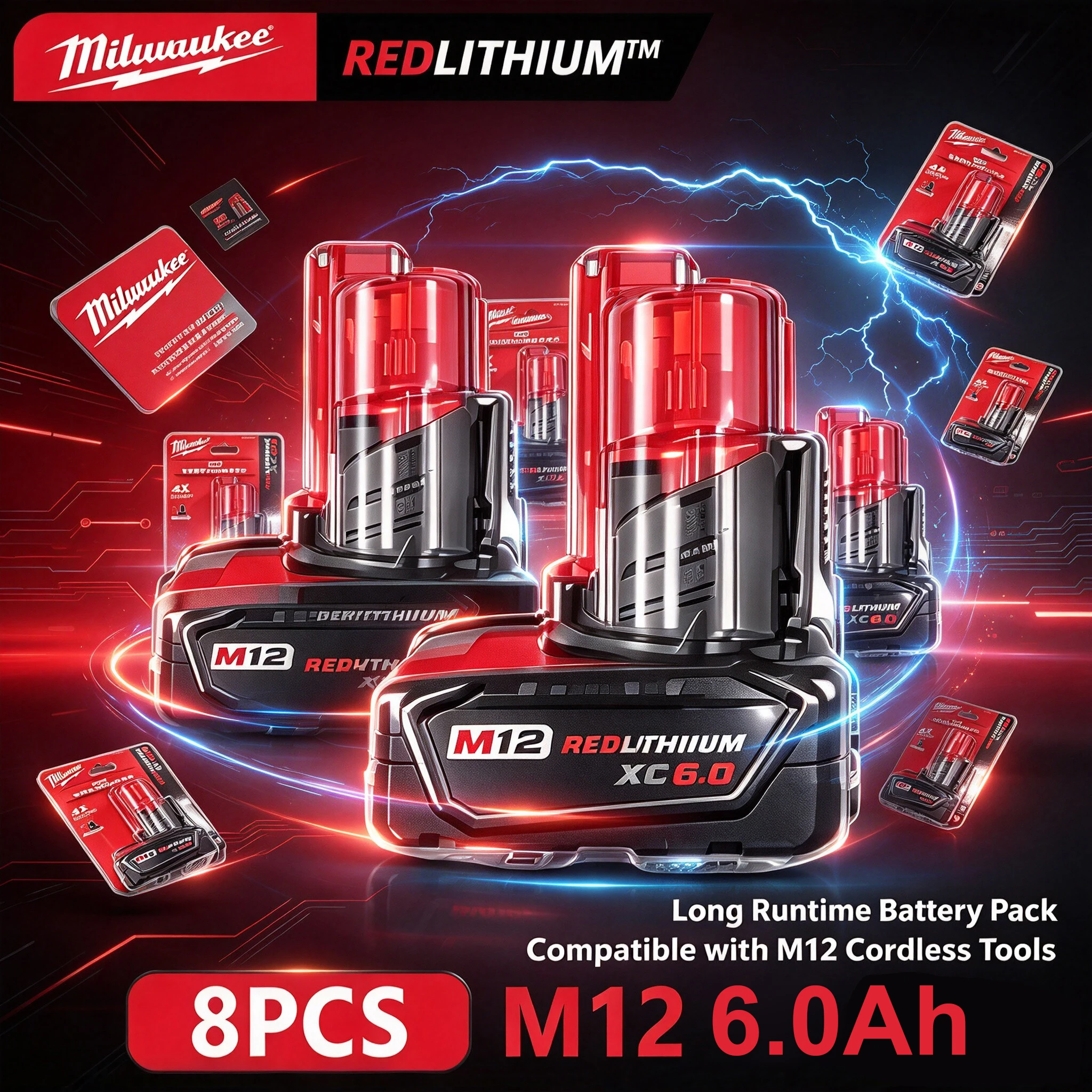 Shipped from the USA, M12 XC6.0 lithium-ion battery pack 48-11-2460, available in 2, 4, or 8 sets, original Milwaukee batteries.