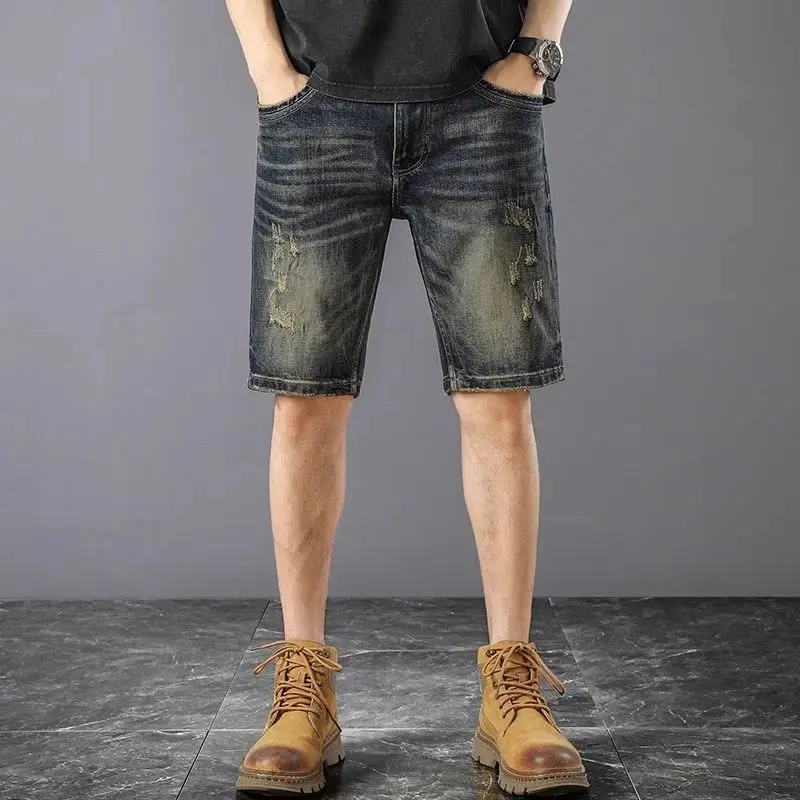 Fashion Luxury Clothing Korean Style Clothes Vintage Casual Denim Knee Length Shorts for Men Summer Boyfriend Short Jeans Male