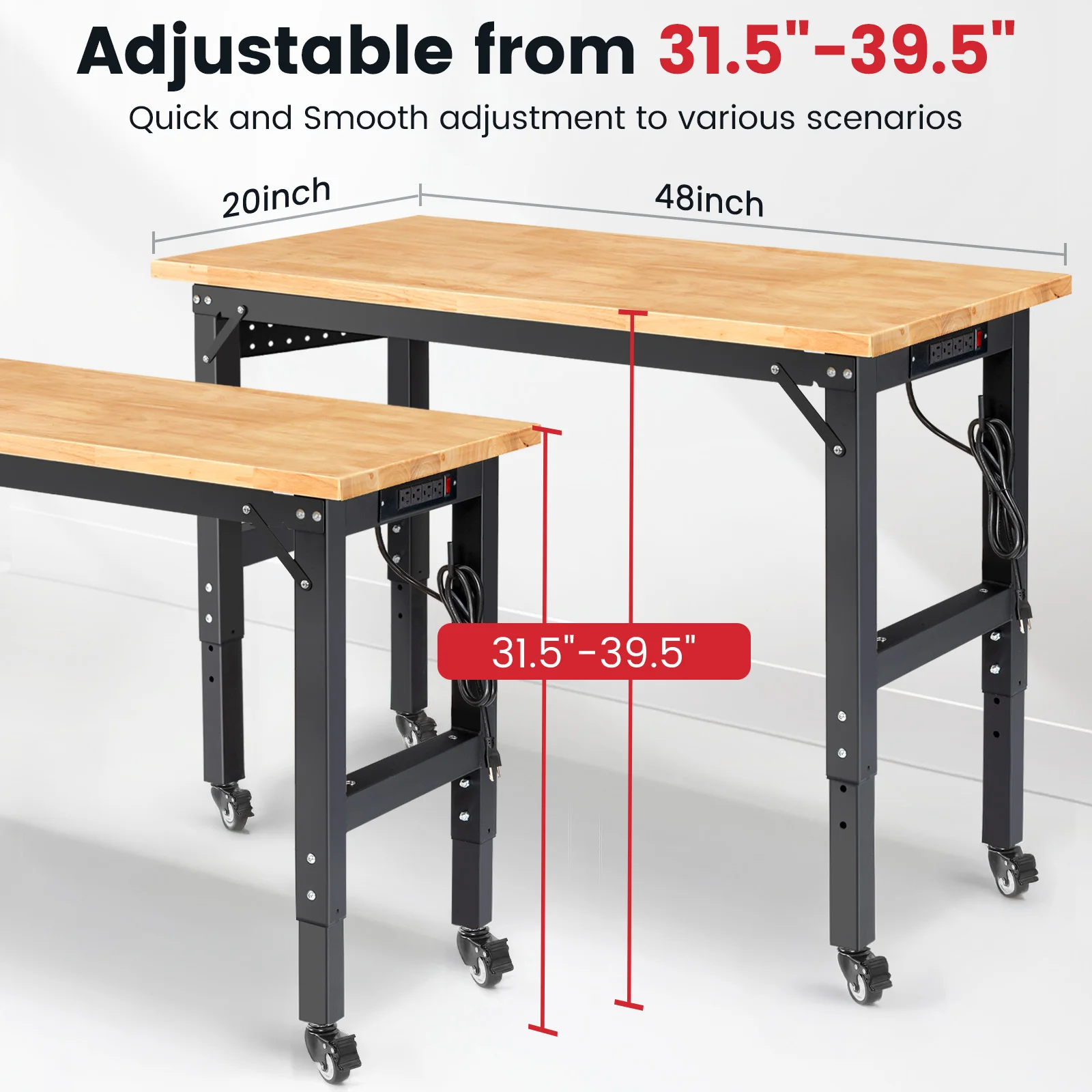 ENJOYWOOD 48" Workbench Garage Work Bench w/ Wheels Adjustable Height Work Bench w/  Pegboard Power Outlets Woodworking Table
