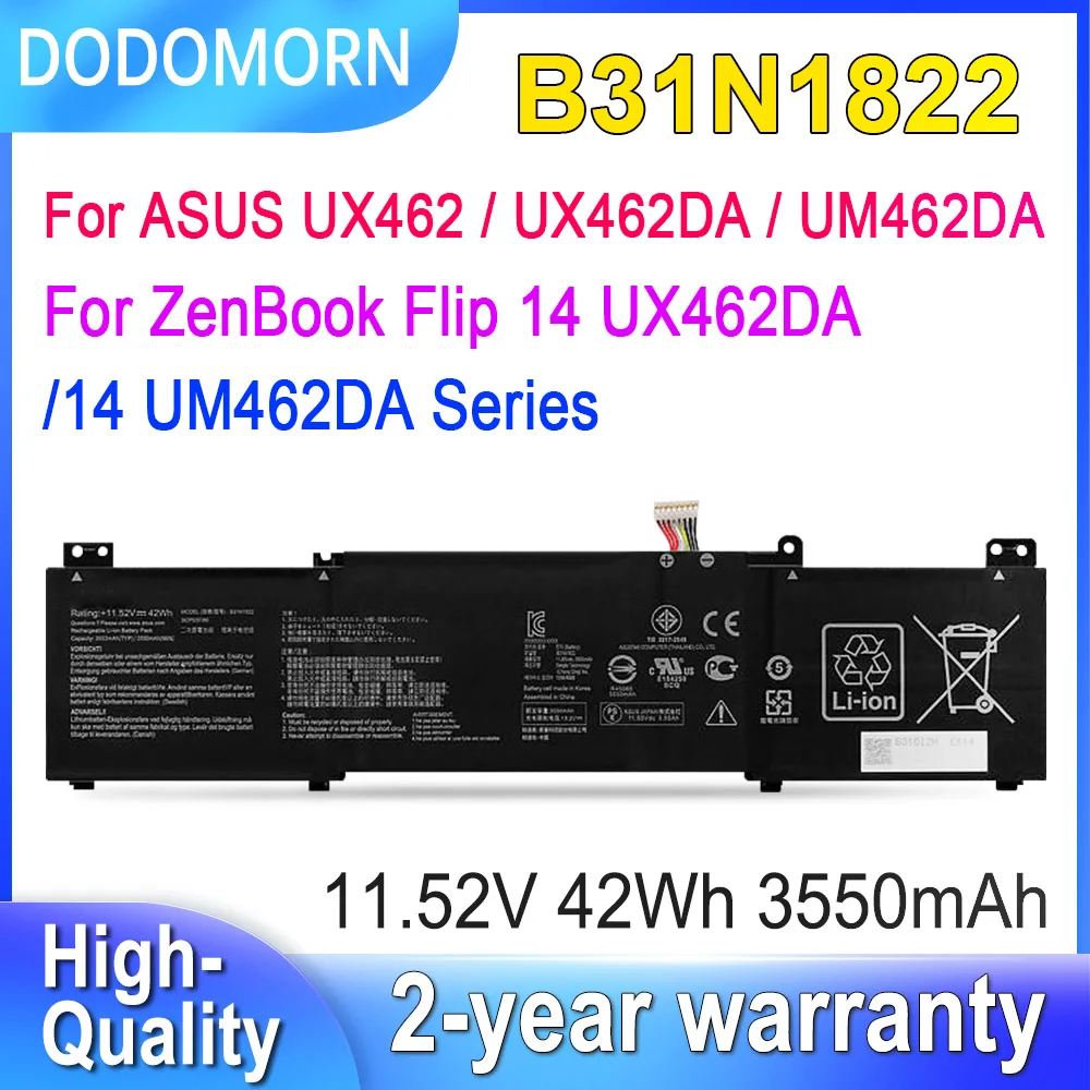 

DODOMORN 11.52V 42Wh B31N1822 Laptop Battery For ASUS Zenbook Flip 14 UX462 UM462DA-AI012T AI014T AI015T UX462DA-2G Series
