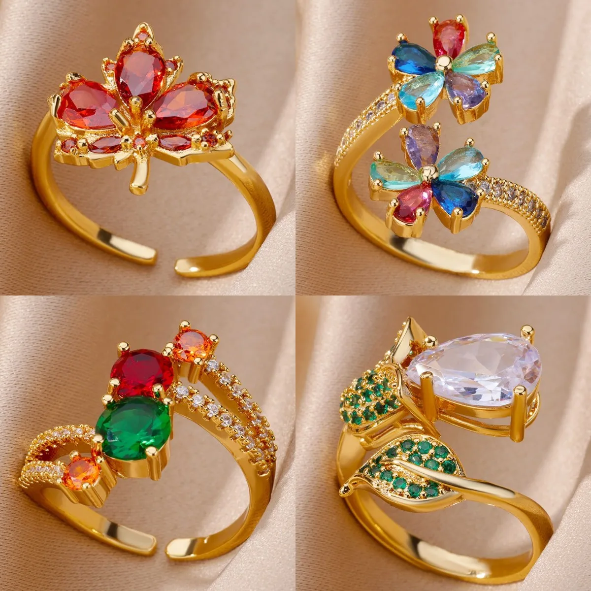 2025 Fashion Colorful Zircon Flower Rings For Women Gold Color Stainless Steel Finger Ring Trend Luxury Boho Aesthetic Jewelry