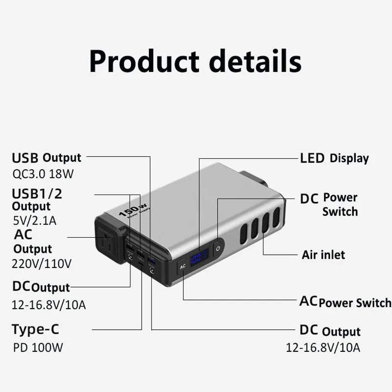 FCOku 150W Portable Power Station 32000mAh LiFePO4 Battery PD100W Fast Charge Gas Boiler Camping Inverter Emergency power supply