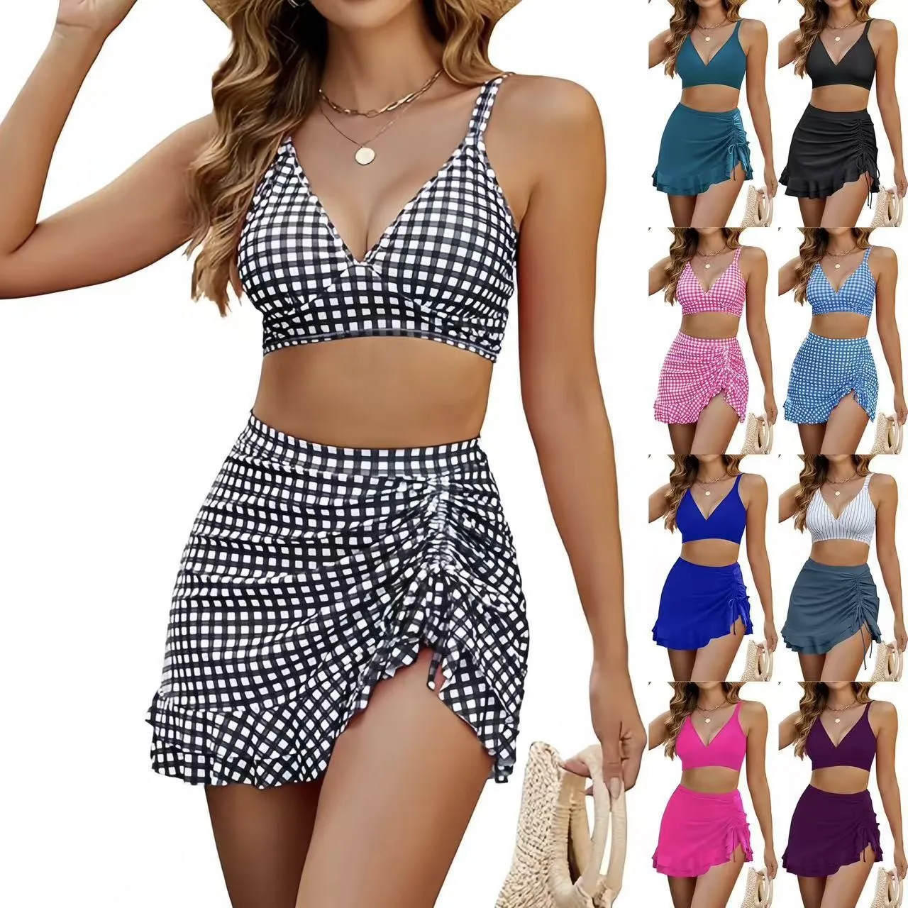 Women Swimwear Bikini V Neck Crop Top Checkered Wrap Skirt Tankini Woman Two Piece Swimsuit Ruffle Trim High Waist Swim Set