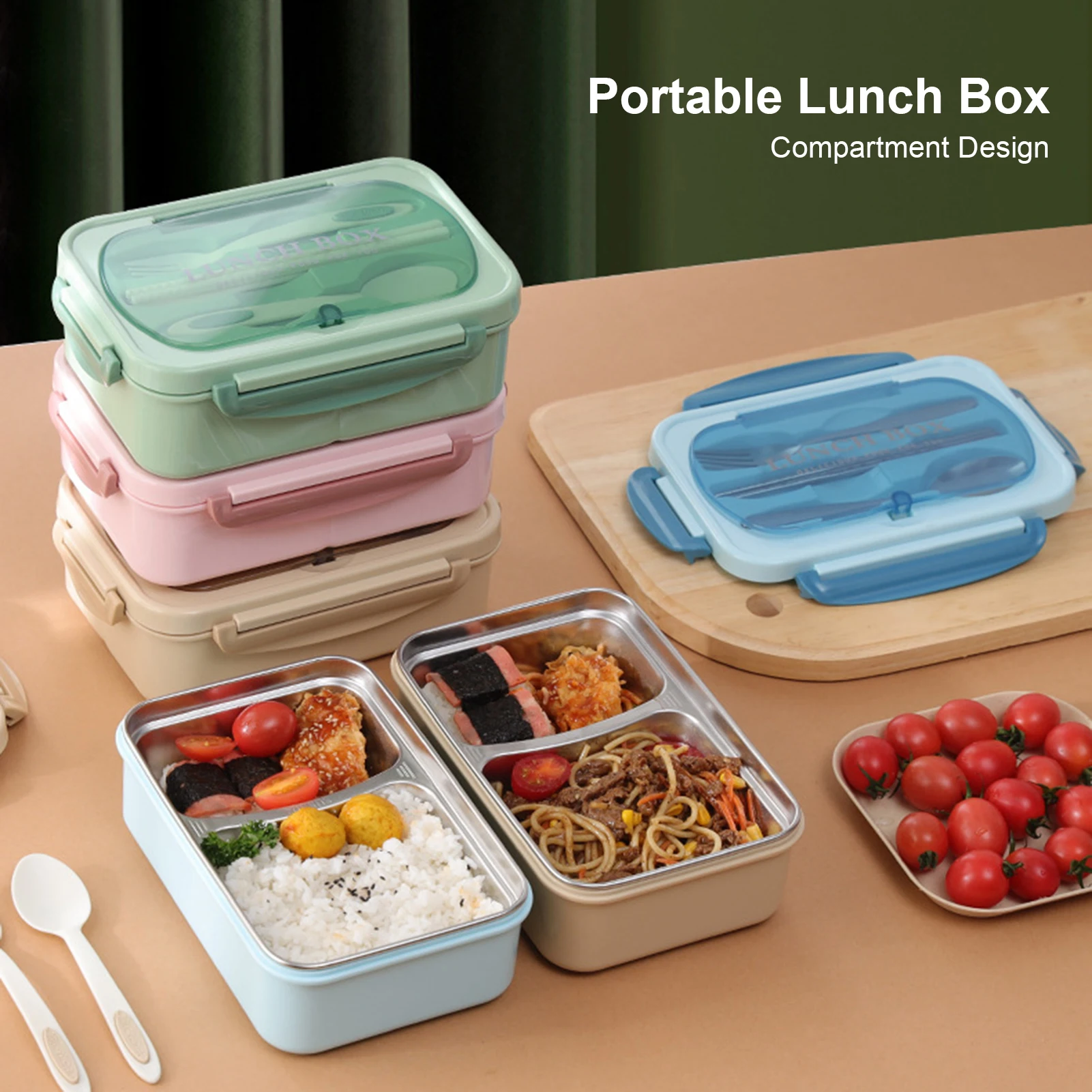 Lebensmittelbehälter Lunchbox Tragbare Brotdose aus 304 Edelstahl Auslaufsichere Unterteilte Lebensmittelbehälter mit Löffel und Stäbchen