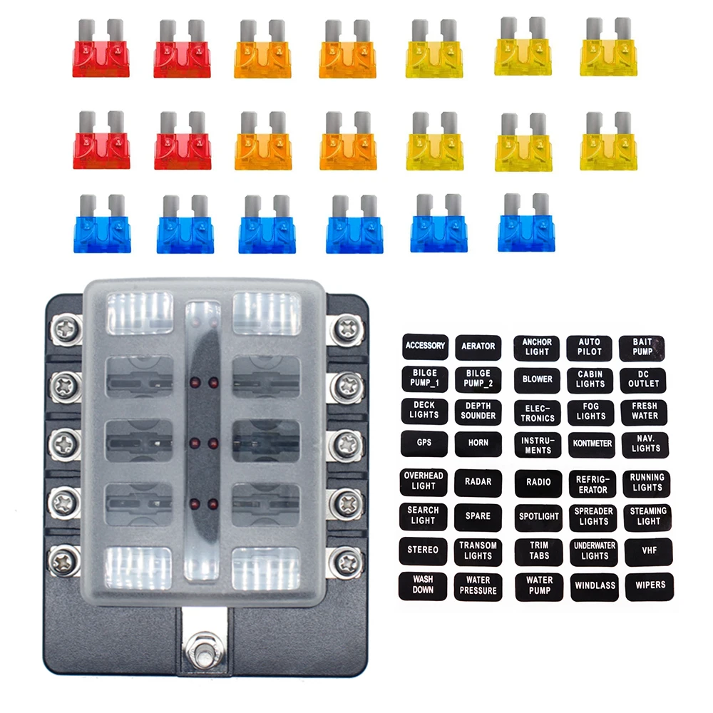 

10-контактный лезвие держателя блока предохранителей 12 В-32 В 5A 10A 15A 20A для автомобильного автомобиля, морской лодки, водонепроницаемый
