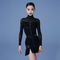Vennystyle Latin dance training dress Long sleeve splicing design top fringe half skirt women's professional training dress
