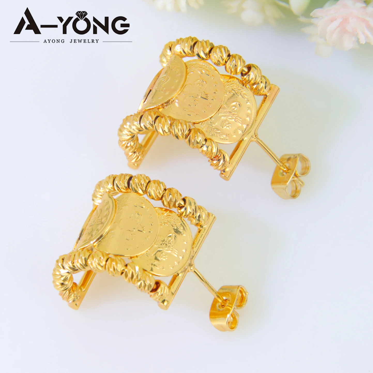 Turkish Vintage Coins Stud Earrings 24k Gold Plated Dubai Vintage Half Circle Earring Saudi Arabia Women Wedding Jewelry view 3