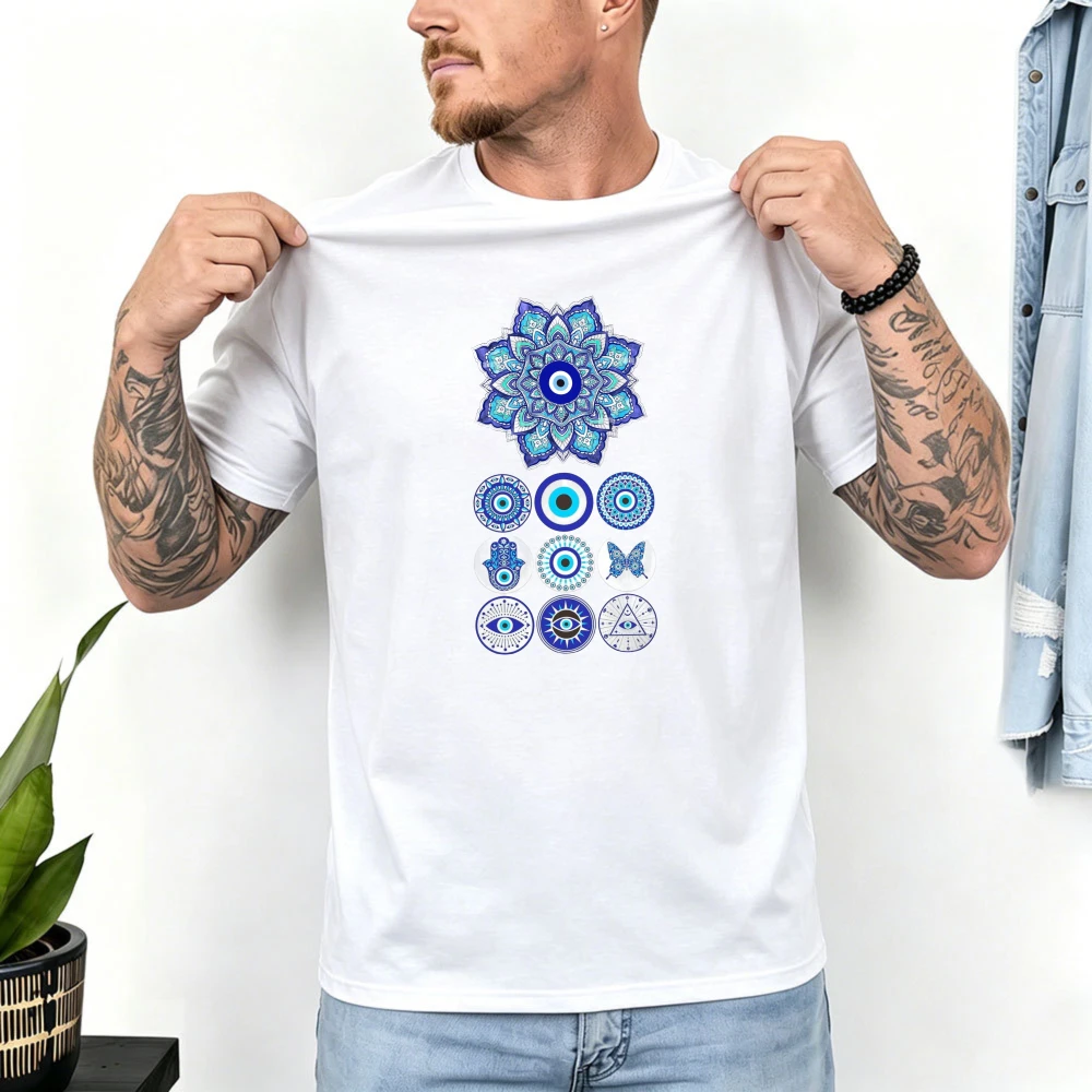 Mandala Evil Eye Grid Graphic Tee Fashion Blue Amulet Collection Spiritual Symbol Unisex Tops Casual Cotton Cultural T-shirt
