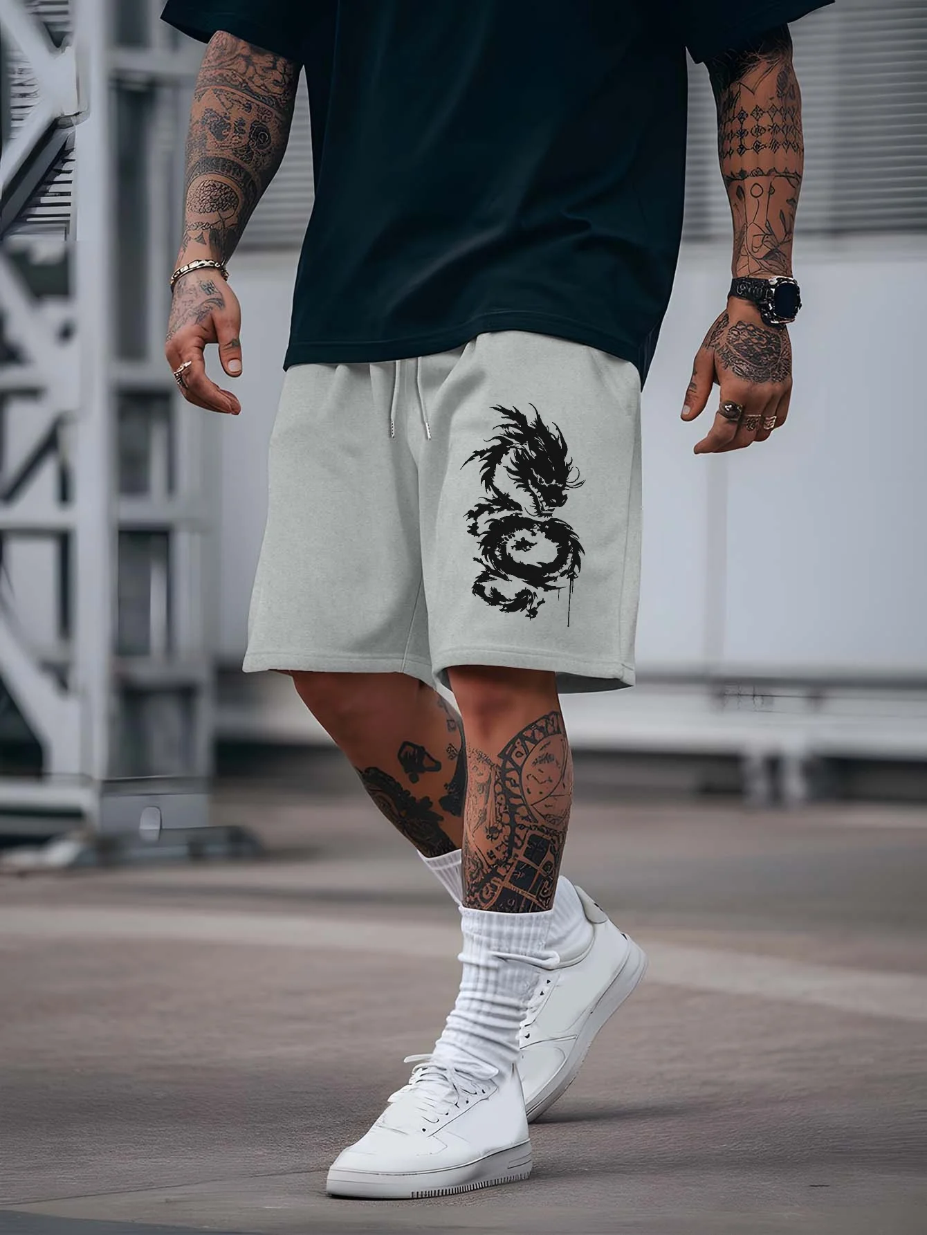 

Men's Summer Fashion Dragon Totem Print Casual Shorts Loose Fit Elastic Waistband with Drawstring Suitable for Everyday Wear