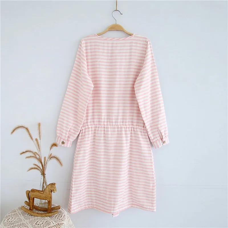 Women Casual Striped Night Dress Ladies 100% Cotton Nightgown Female Four Season Long Sleeve Simple Sleepshirts Home Dress