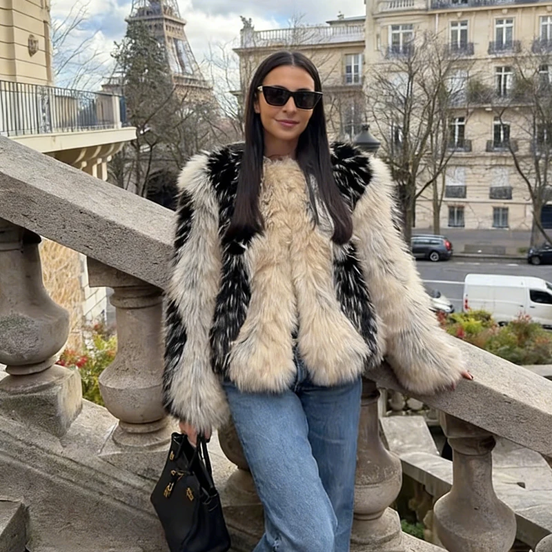 เสื้อโค้ทผู้หญิงแฟชั่นใหม่ ดีไซน์ตัดต่อขนเฟอร์เทียม คอทรงโอ แขนยาว ติดกระดุมแถวเดียว สไตล์หรูหรา สำหรับฤดูหนาว