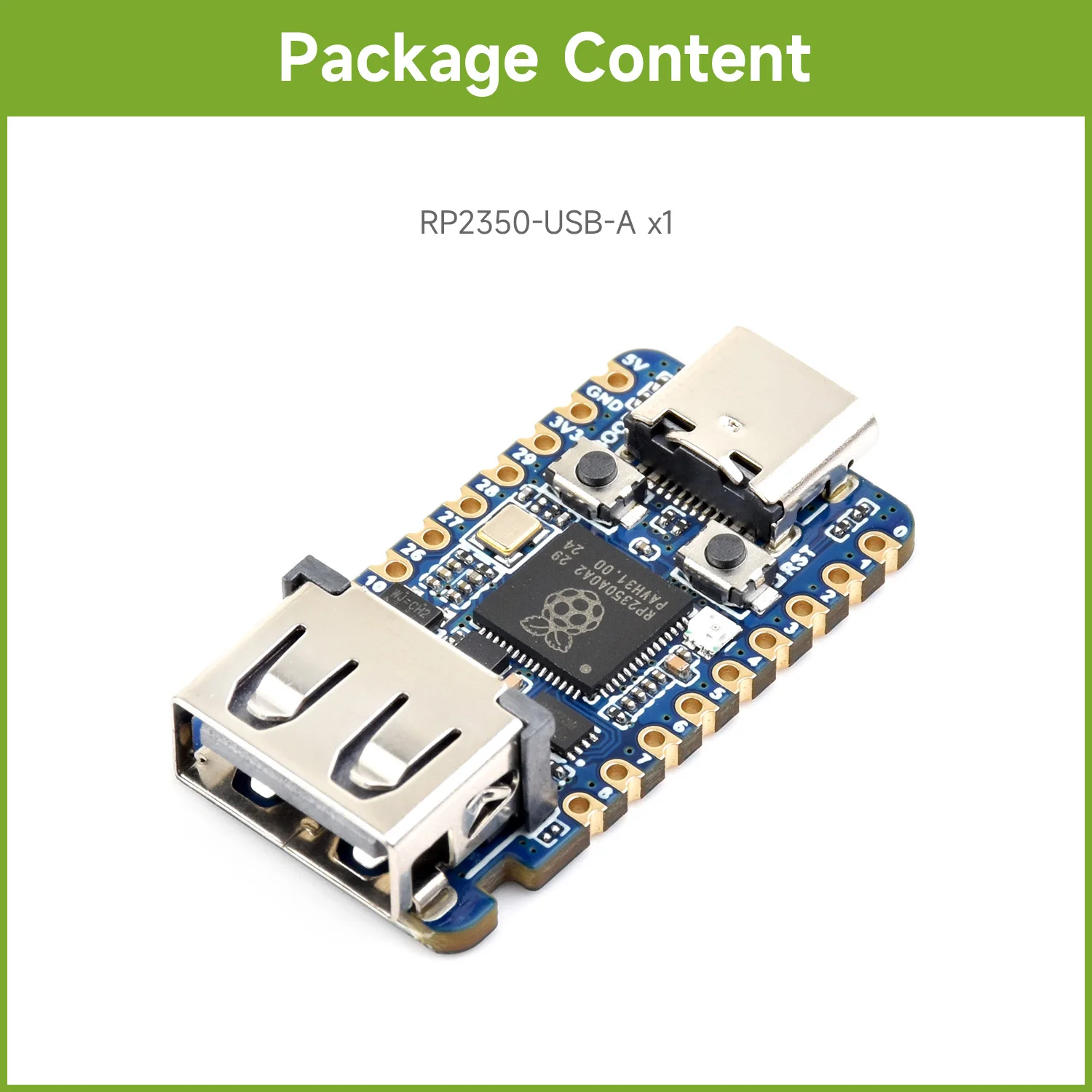 RP2350-USB-A Waveshare USB Mini Development Board oparta na dwurdzeniowym mikrokontrolerze Raspberry Pi o podwójnej architekturze 150MHZ